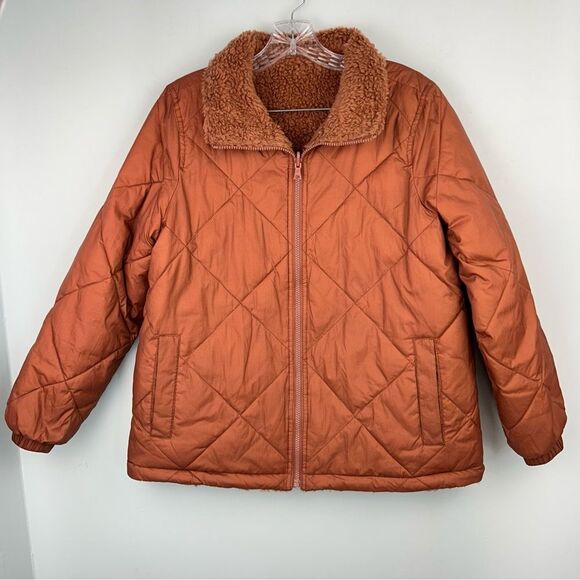 Madewell Reversible‎ Full Zip Sherpa Puffer Jacket Warm Umber Women’s Sz S - Picture 11 of 15